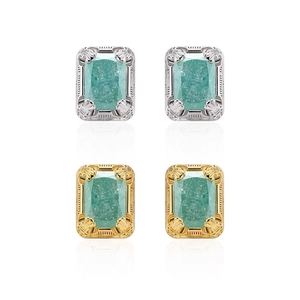 18K gold vintage rectangular earrings with green gemstones in silver and gold finish