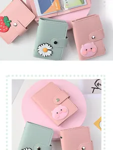 Multi-slot macaron color card holder with 3D strawberry and daisy motifs in PU leather