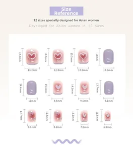 Detailed size chart for press-on nails showing dimensions of 12 heart-patterned pieces