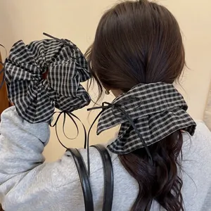 Plaid Fabric Scrunchies With Ribbon Bow Knot Hair Ties Ponytail Holder Preppy Style Fashion Hair Accessories For Women Girls