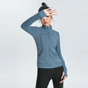 Women Slim Fit Yoga Jacket Zip Up Sports Top With Thumb Holes Quick Dry Breathable Nylon Spandex Athletic Running Coat