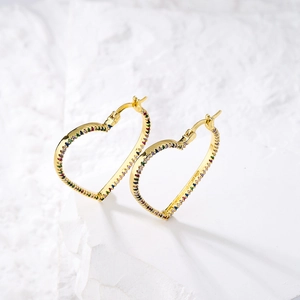 18K gold plated heart C-shaped hoop earrings with colorful zircon stones on stone