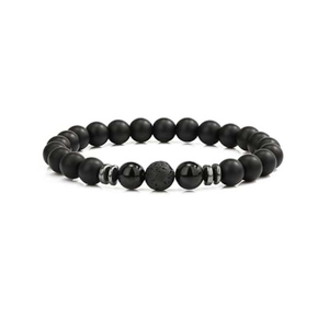 Detail of 8mm matte black and volcanic stone beads bracelet with metal spacers