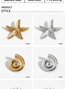 Detailed catalog showing starfish and spiral earrings in gold and silver PVD plating
