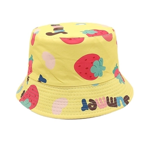 Detailed view of yellow cotton bucket hat with strawberry print and Summer text