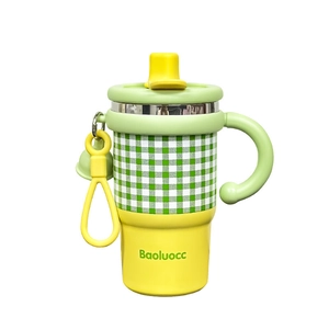 Ins-style yellow and green plaid stainless steel coffee tumbler with straw and handle