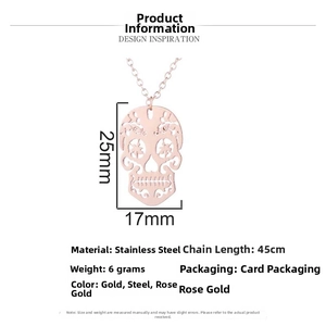 Detailed size chart of a hollow skull pendant necklace in rose gold stainless steel