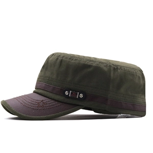 Detail of army green cadet cap showing canvas fabric and brown faux leather brim with star
