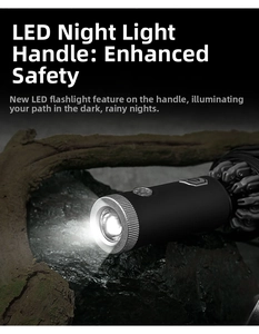Close-up of matte black umbrella handle with integrated LED flashlight for night safety