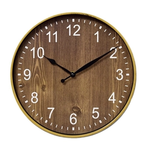 12-Zoll lautlose Kunststoff-Wanduhr mit dunklem Holzdekor und goldenem Metallrahmen