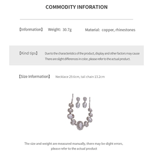 Detailed spec sheet for rhinestone necklace set showing dimensions and copper material info