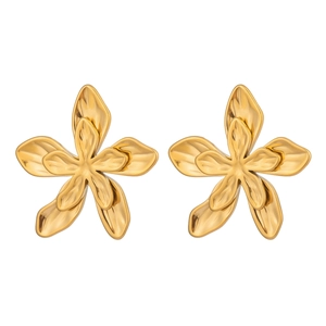 Detailed view of two-tone flower stud earrings in polished 18K gold and silver stainless steel