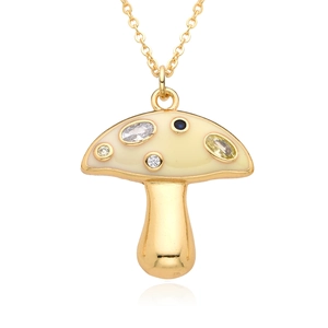 Golden mushroom pendant necklace with white enamel and colorful cubic zirconia inlay