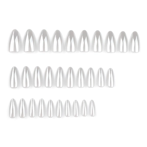 Glossy white almond shaped press-on nails set with multiple sizes on a plain white background