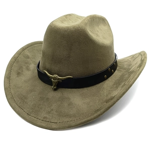 Western suede cowboy hat with vintage leather belt and metal bull head ornament