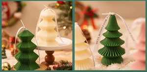 Detailed view of Christmas tree candles with pleated texture and white Best Wishes ribbons