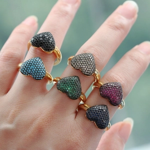 Heart Ring 18K Gold Plated Copper Pave Colorful Zircon Adjustable Open Band Fashion Jewelry For Women