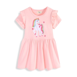 Robe de princesse rose à manches courtes pour filles avec broderie licorne et volants