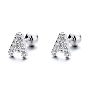 S925 sterling silver letter A stud earrings with sparkling zircon and screw back