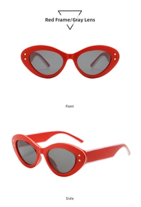 Detailed views of red cat-eye sunglasses featuring golden star accents and gray lenses