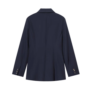 Rear view of navy blue long sleeve blazer with decorative gold buckles and tailored fit
