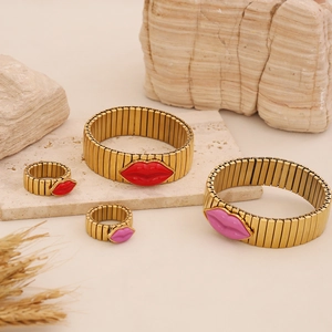 Lip Shape Stainless Steel Enamel Elastic Bracelet And Ring Jewelry For Women Fashion Personality Gold Plated