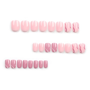 Short square pink press-on nails set featuring solid colors and wave art on white background