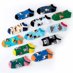 Set of 6 pairs of cotton low-cut socks with cartoon animal patterns like corgis and pandas