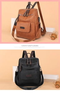 Detailed comparison of brown and black textured PU leather backpacks with multiple zippers