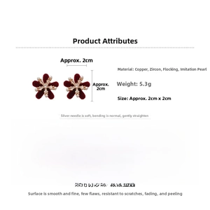 Macro view showing 2x2cm velvet flower earrings with zircon and pearl details