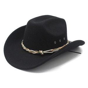 Close-up of black wool cowboy hat with tricolor braided band and metal eyelets