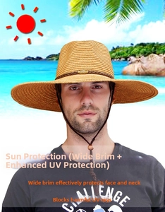 Détail d'un chapeau de paille à large bord avec ruban tressé brun et mentonnière réglable
