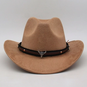 Close-up of suede western cowboy hat featuring a silver steer skull and metal studs