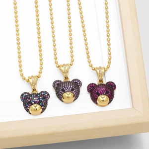 Collier Pendentif Ours En Peluche Laiton Plaqué Or Micro Pavé Zircone Cubique Émail Coloré Chaîne À Billes Bijoux Hip Hop Pour Femmes