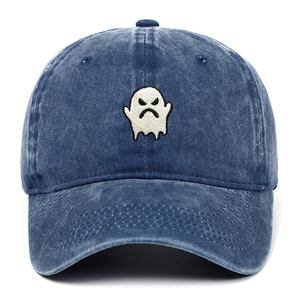 Navy blue washed denim baseball cap with angry ghost embroidery for outdoor wear