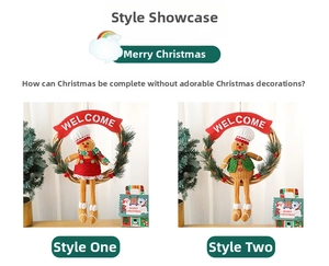 Close-up of handmade gingerbread man Christmas wreaths with red Welcome banner decorations