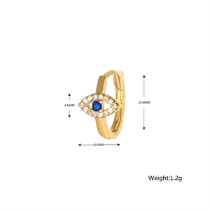 Detailed size specifications for gold evil eye huggie hoop earrings with blue zircon