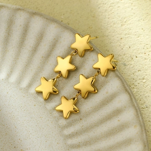 Elegant gold stainless steel drop earrings featuring triple connected five-pointed stars