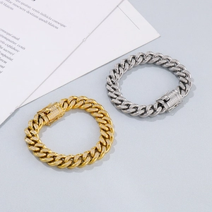 Close-up of gold and silver CNC paved zircon Cuban link bracelets for hip-hop men