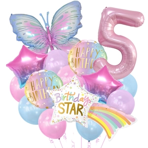Detailed cluster of 5th birthday balloons with a butterfly and pink number 5 foil