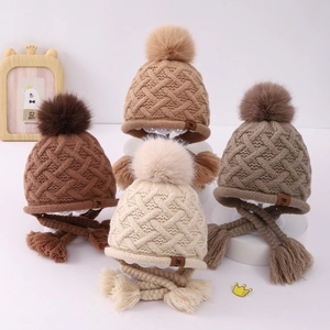 Kids Knitted Ear Protection Hat With Faux Fur Pom Pom Braided Tassels Acrylic Warm Winter Windproof Beanie For Toddlers