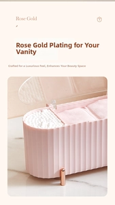 Detail view of pink organizer with rose gold feet and three compartments for cotton pads