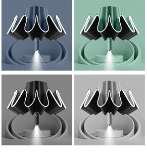Detail of four colorful automatic umbrellas showing integrated LED handles in a grid