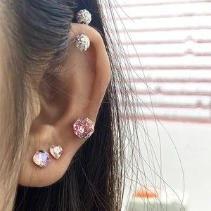 6mm Octagonal Crystal Earring Set with Rainbow Pavé Studs and Pink Heart Crystals