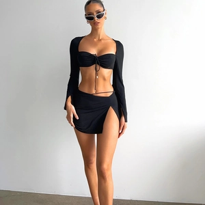 Women Sexy Black Long Sleeve Lace Up Crop Top And High Slit Mini Skirt Slim Fit Streetwear Polyester Spandex