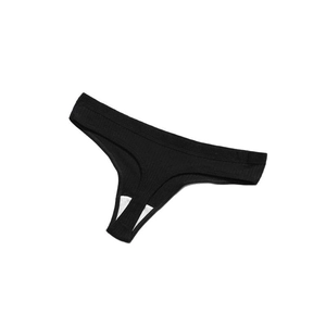 Women's black ribbed thong with low-rise waist and breathable cotton material