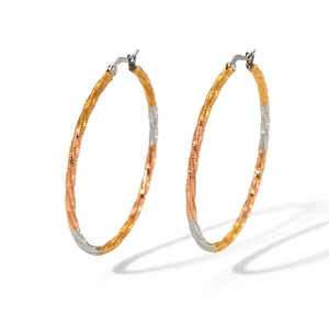 Twisted triple-tone 18K gold plated stainless steel hoop earrings with spiral texture