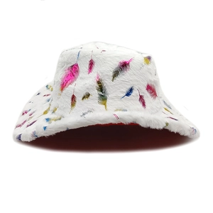 Détail d'un chapeau de cowboy en fausse fourrure blanche avec motifs de plumes colorées