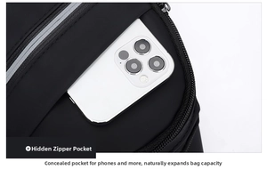 Detail of hidden zipper pocket on waterproof nylon chest bag holding a smartphone