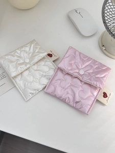 Pink and white quilted heart sanitary pouch set with button closure and soft texture